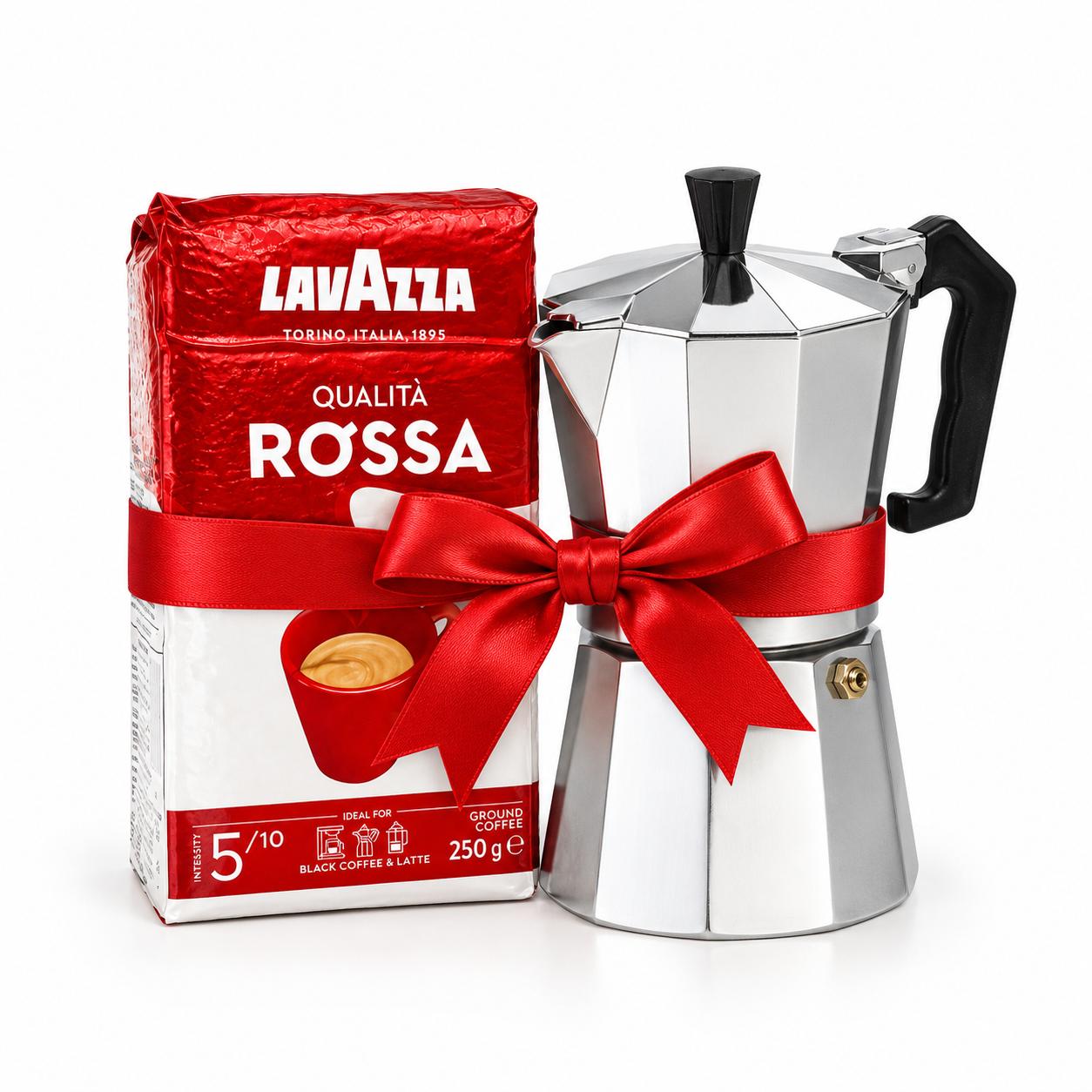 Moka 3cup Rossa color bund Lavazza Qualita Rossa Ground Coffee 250g + Moka Pot 3 Cup - Image 1